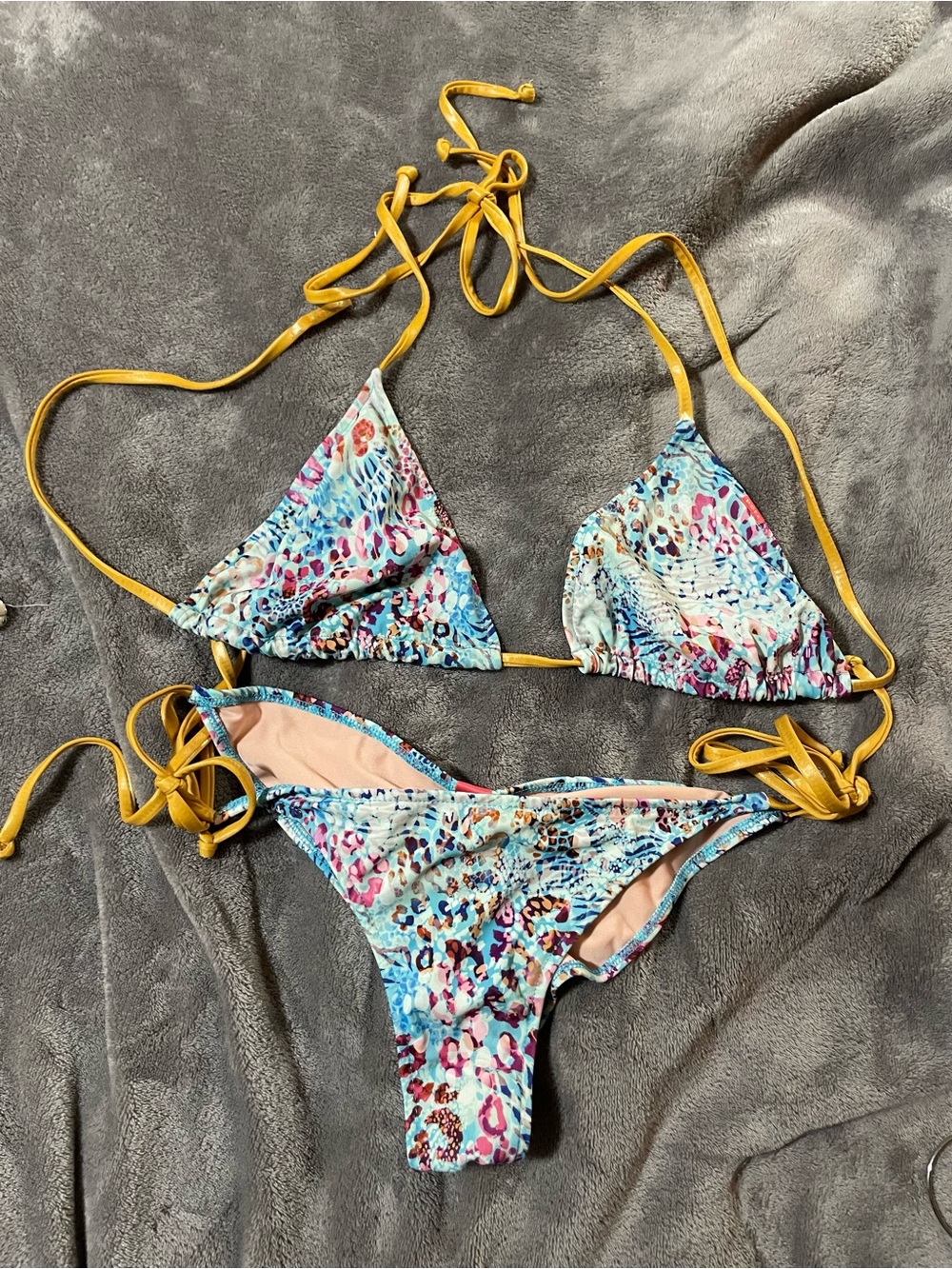 Doll & Co String Bikini In Blue Leopard, With Gold Straps, Size Medium